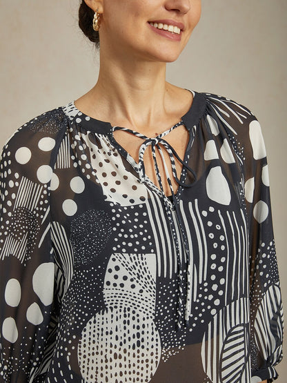 Abstract Print Puff Sleeve V-Neck Chiffon Blouse