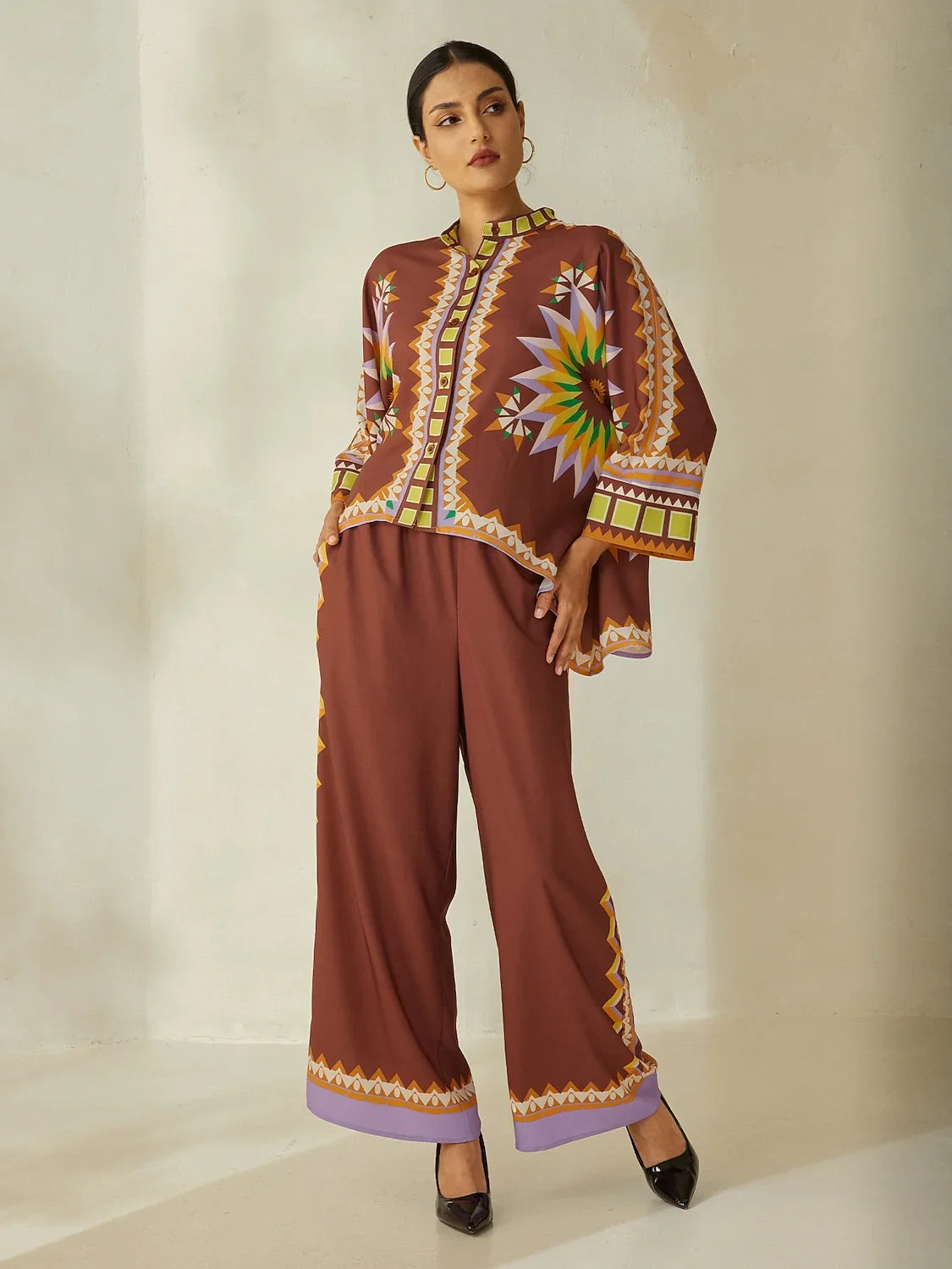 Brown Bohemian Geometric Graphic Satin Shirt