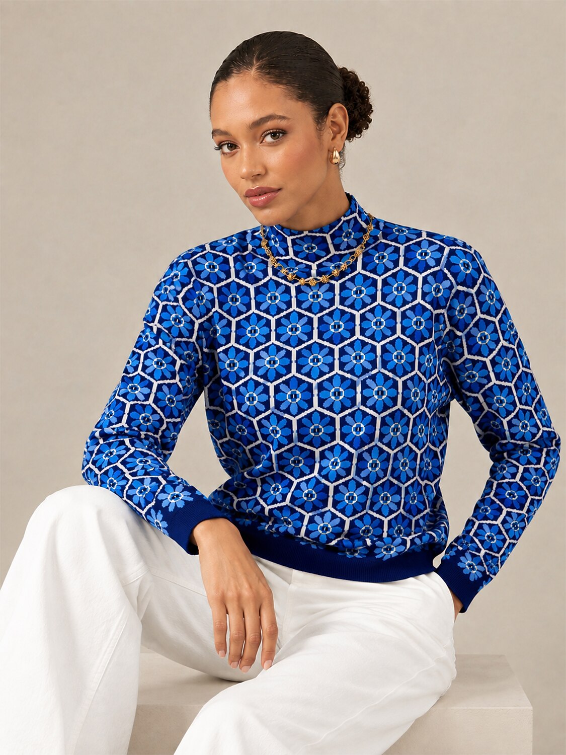 Blue Floral Core Spun Yarn Mock Neck Pullover