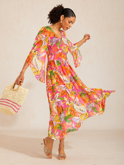 Robe maxi en chiffon à imprimé floral et manches évasées