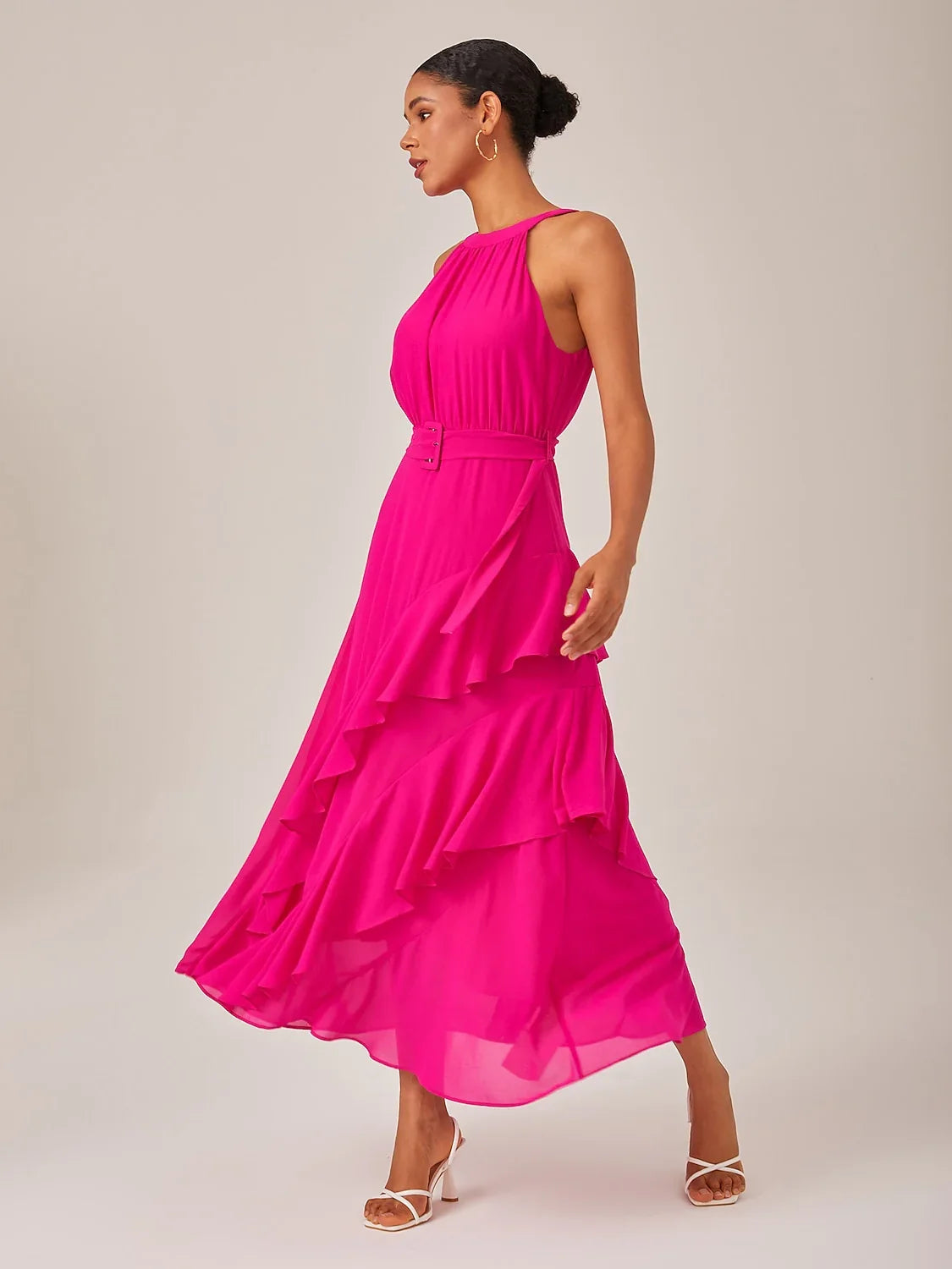 Chiffon Solid Color Ruffle Mismatched Dress