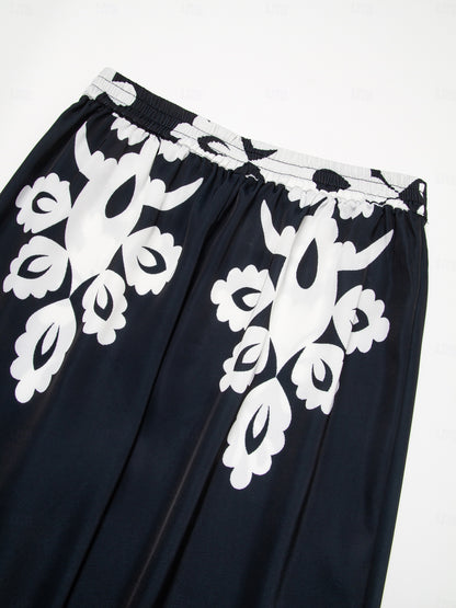 Black Ethnic Print Straight Leg Satin Pants