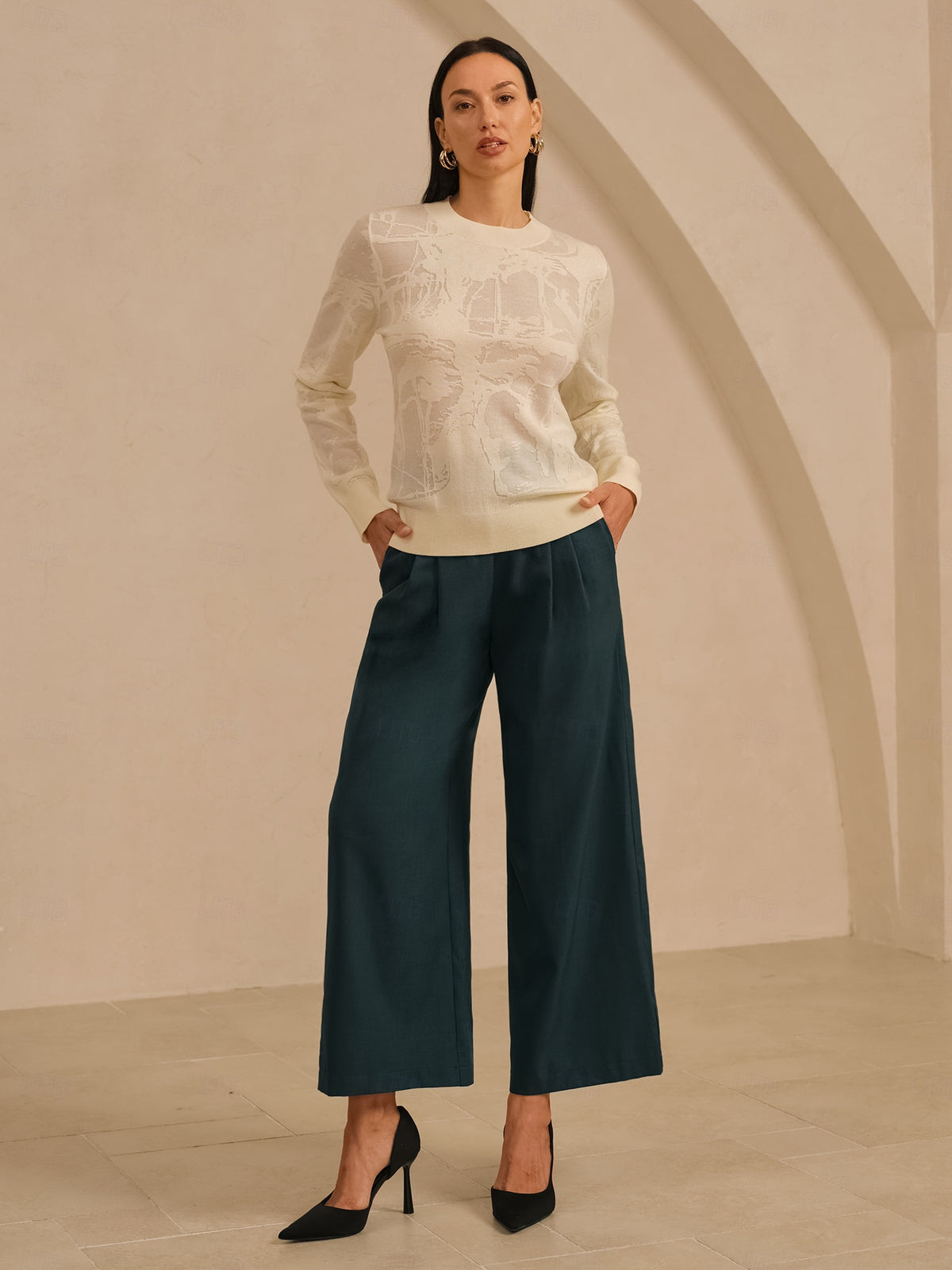 Organza Wool Knit Floral Crew Neck Sweater