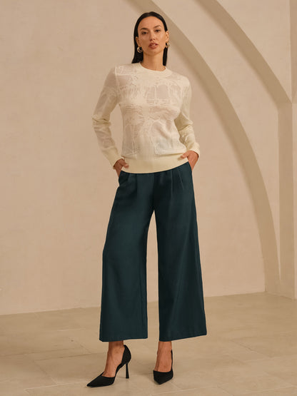 Organza Wool Knit Floral Crew Neck Sweater
