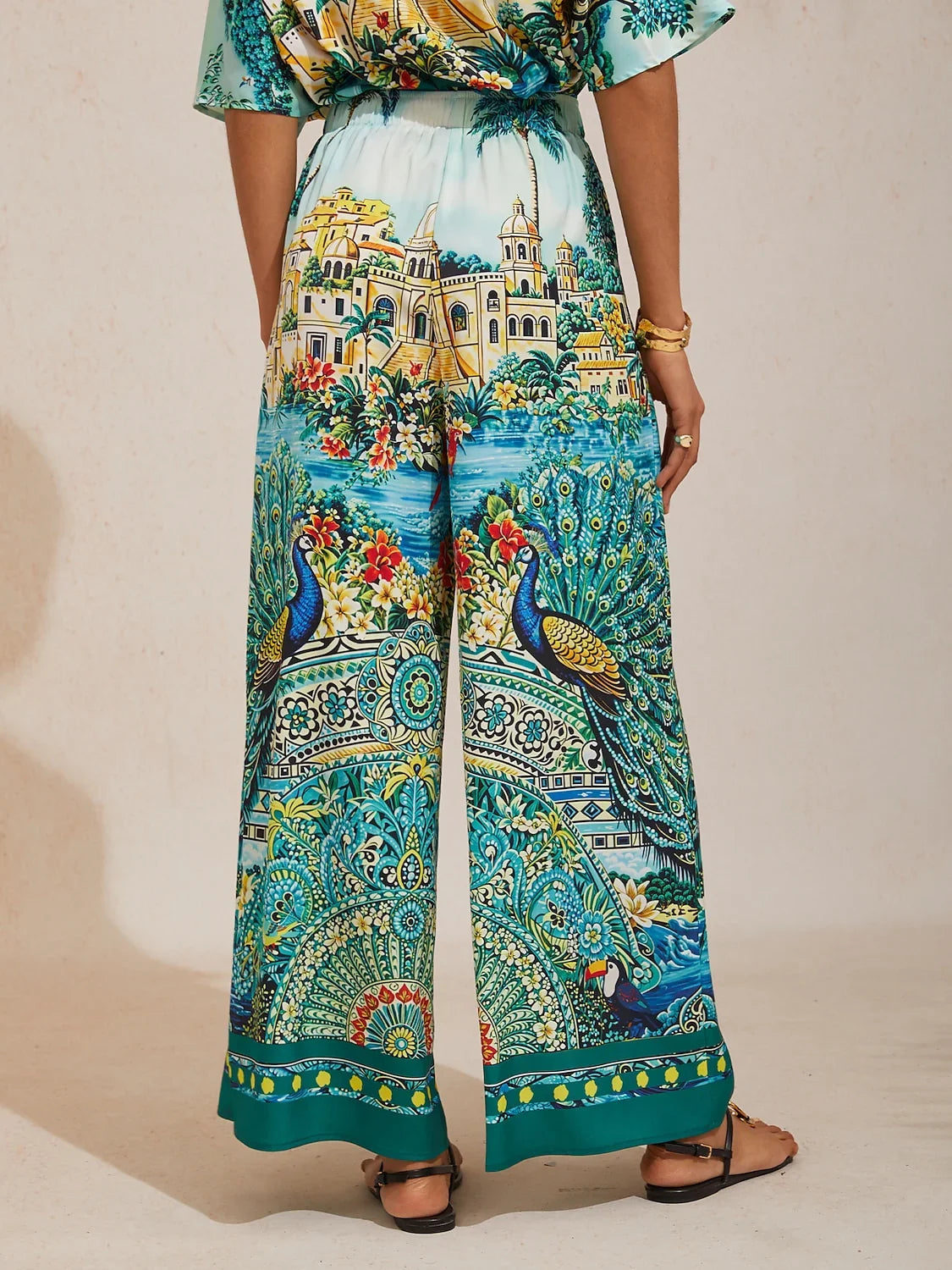 Summer Night Palm Silky Satin Wide Leg Pants
