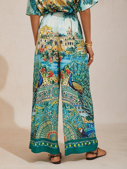 Summer Night Palm Silky Satin Wide Leg Pants
