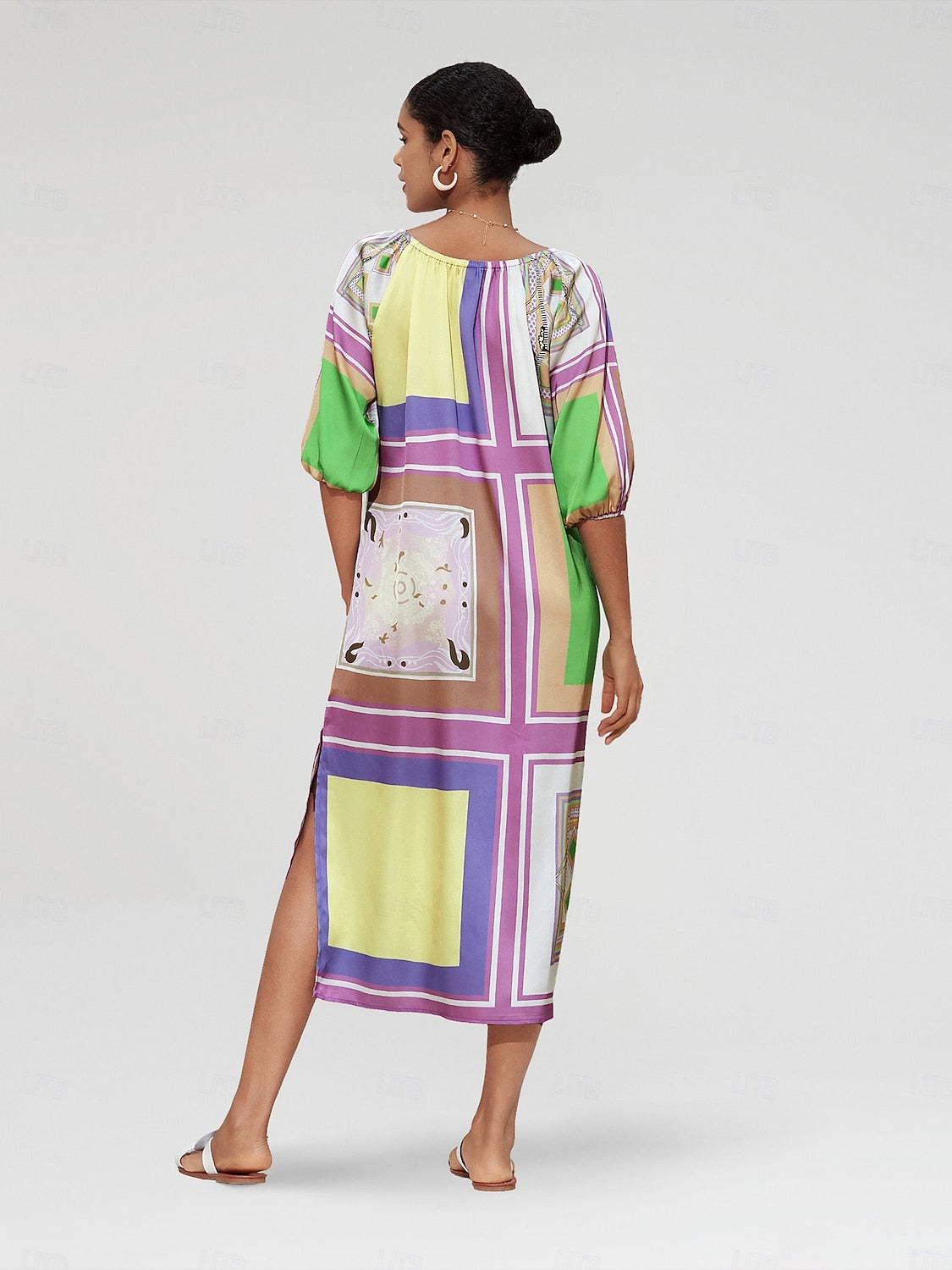 Vestido Maxi Fruncido de Satén con Bloques de Color Geométricos para Vacaciones