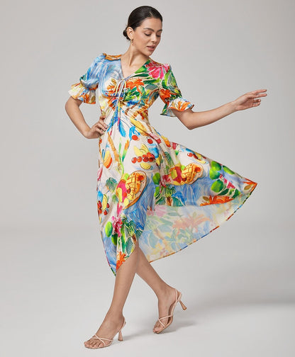 Fruit Floral Print Cinched Waist Dress