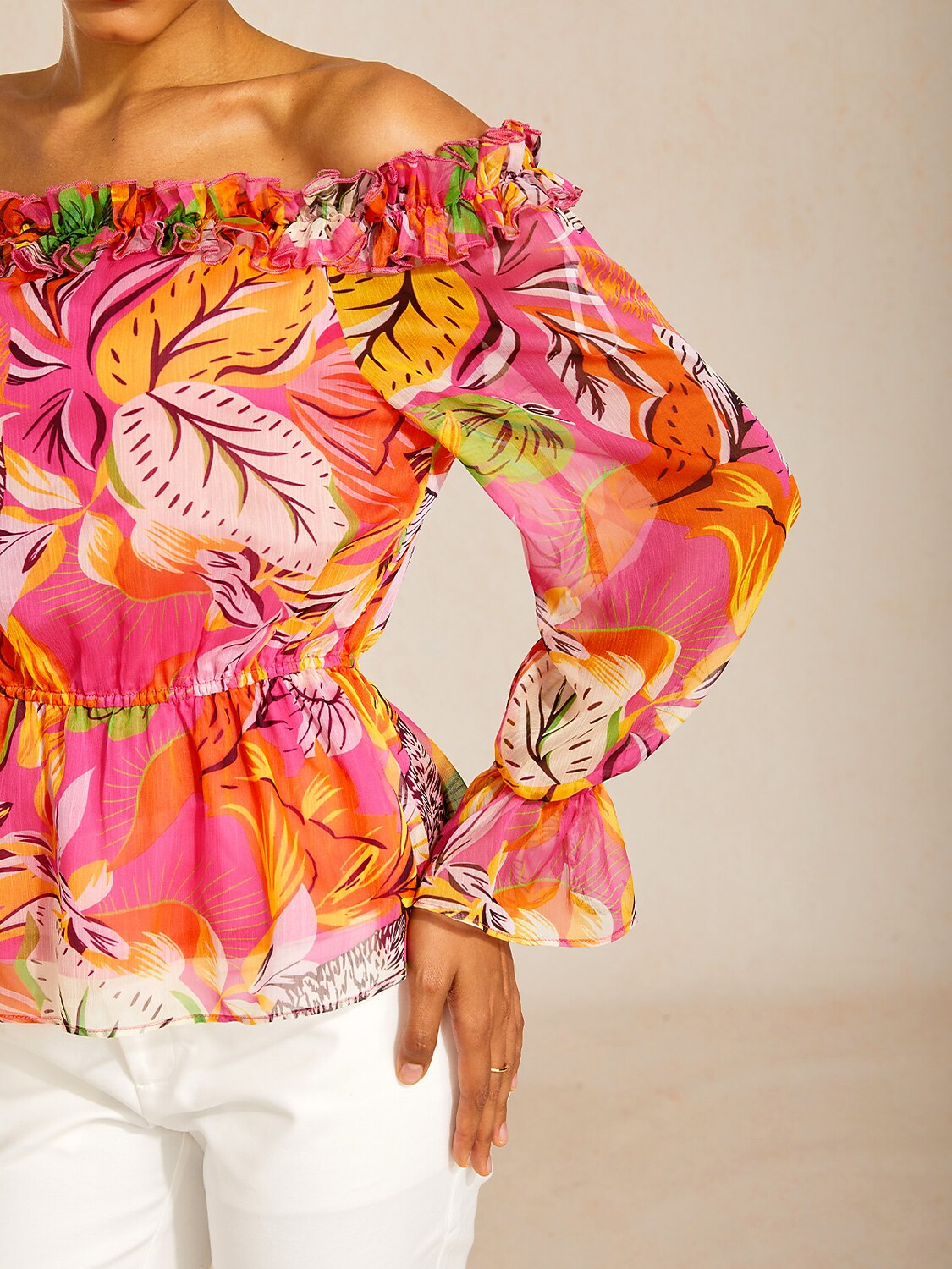 Wild Hibiscus Dream Flowy Chiffon Off-Shoulder Top