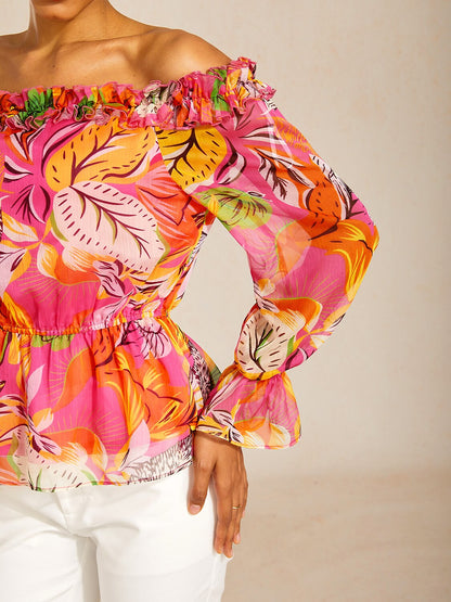 Wild Hibiscus Dream Flowy Chiffon Off-Shoulder Top