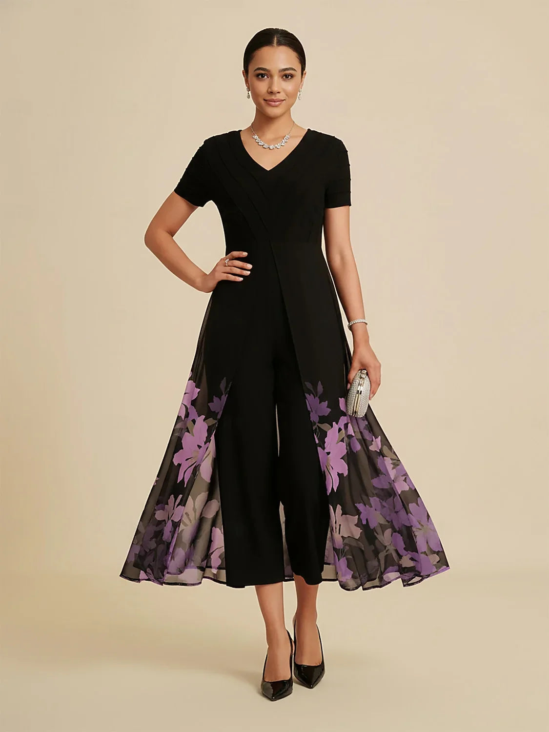 Paneled Design Faux Flowy Sheer Stretch Fabric Jumpsuit