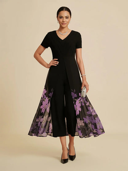Paneled Design Faux Flowy Sheer Stretch Fabric Jumpsuit