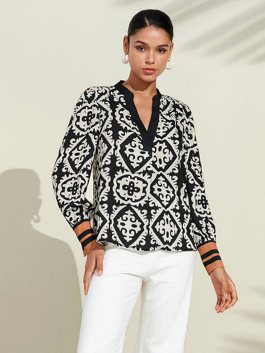 Satin Eden Moroccan Black and White Printed Blouse