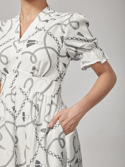 Chain Print Smocked Back Corset Midi Dress