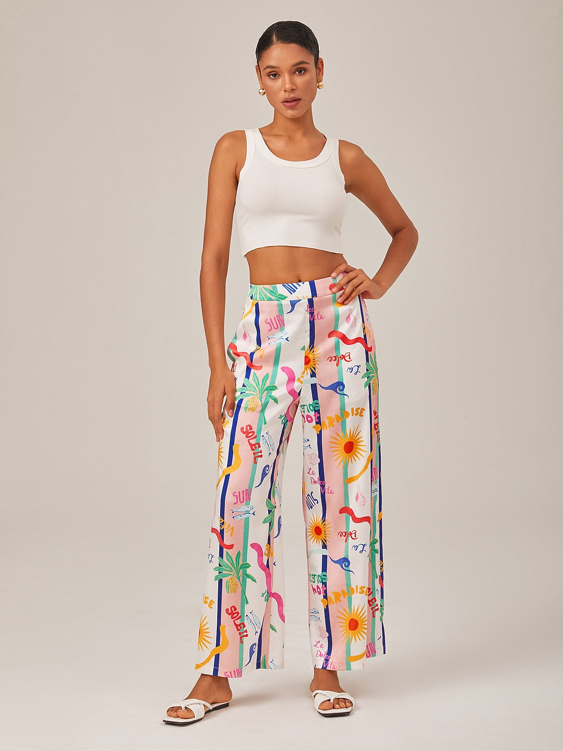 Tropical Print Wide-Leg Pants