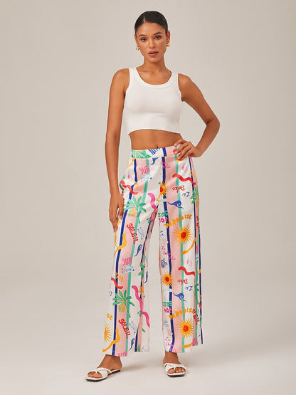 Tropical Print Wide-Leg Pants