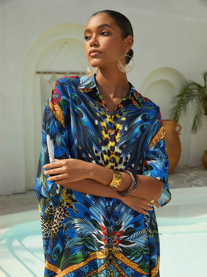 Jungle Wild Party Flowy Chiffon Feather Shirt Dress