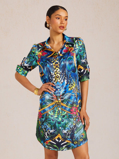 Jungle Wild Party Silky Satin Straight Shirt Dress