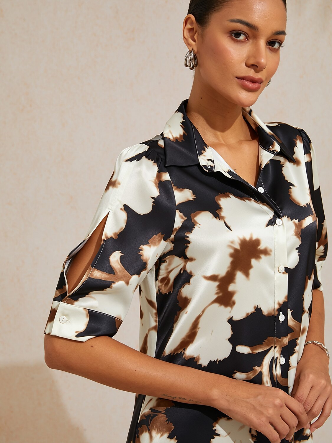 Sepia Noir Bloom Silky Satin Shirt Dress