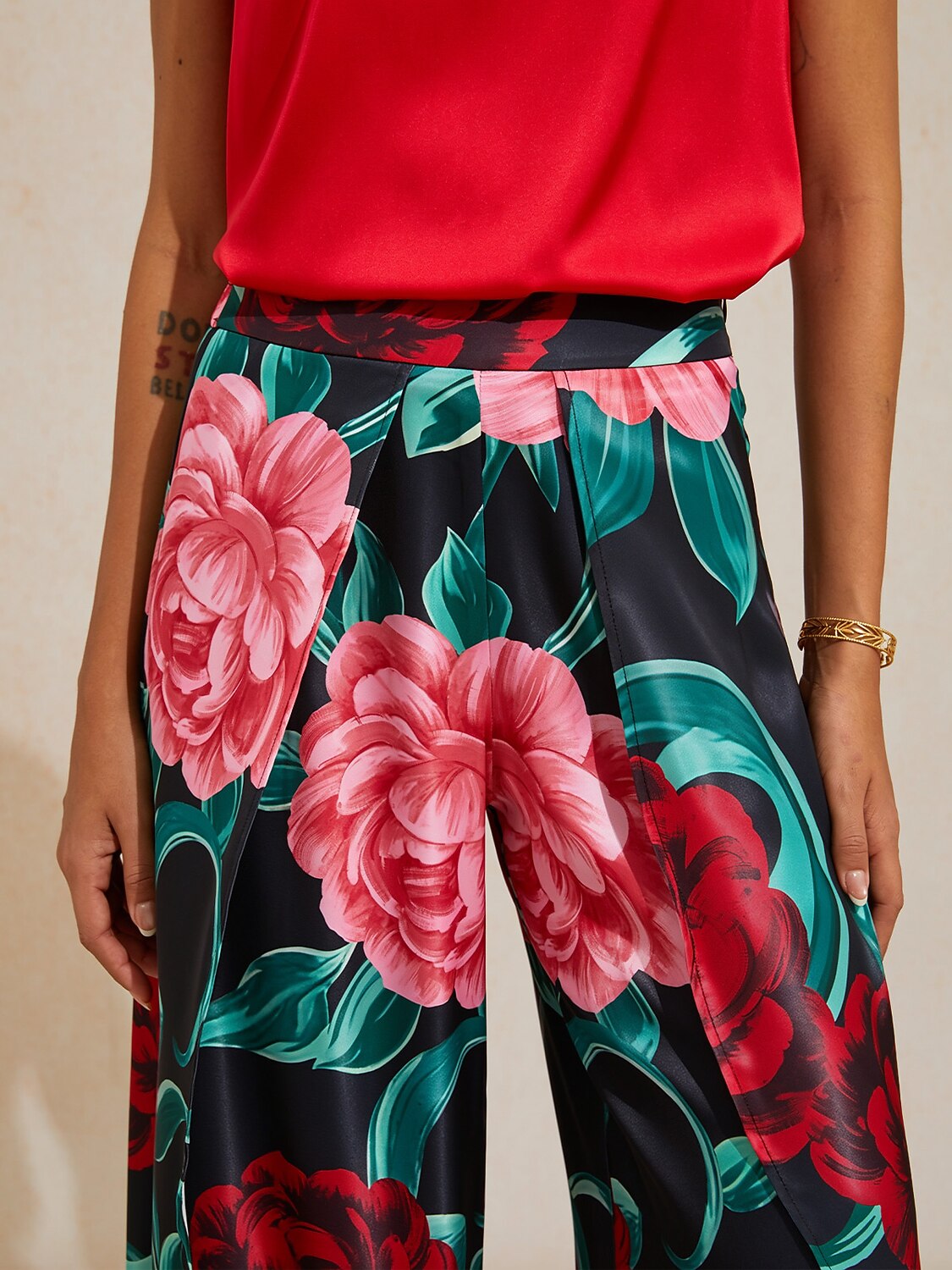 Emerald Rose Garden Silky Satin Slit Wide Leg Pants