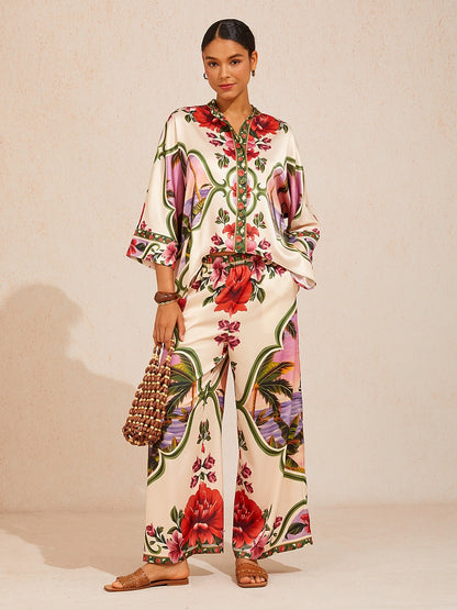 Hawaii Palm Silky Satin batwing top