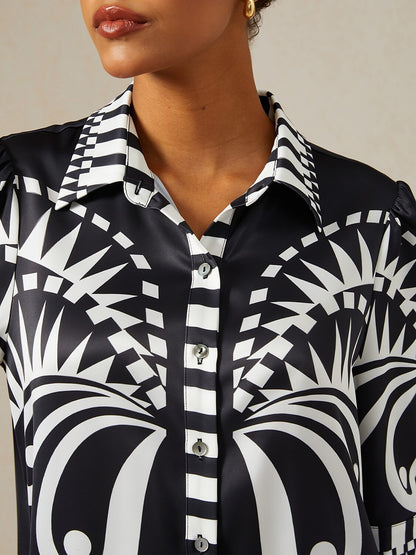 Noir Geometry Silky Satin Shirt Dress
