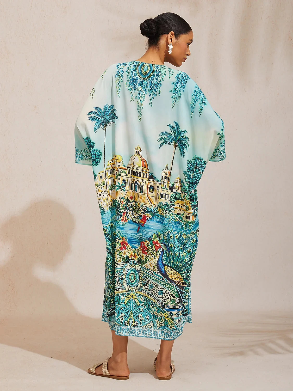 Balearic Islands Blue Flowy Chiffon Dolman Sleeve Kaftan