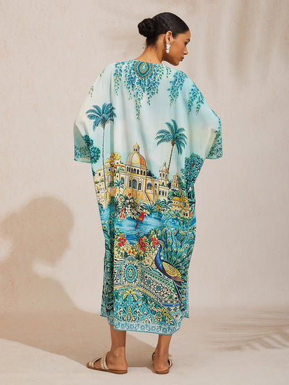 Balearic Islands Blue Flowy Chiffon Dolman Sleeve Kaftan