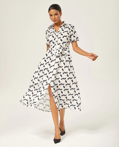 Monochrome Geometric Faux-Linen Dress