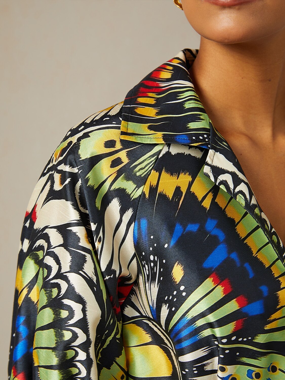 Jungle Butterfly Satin Trench-Style Maxi Dress