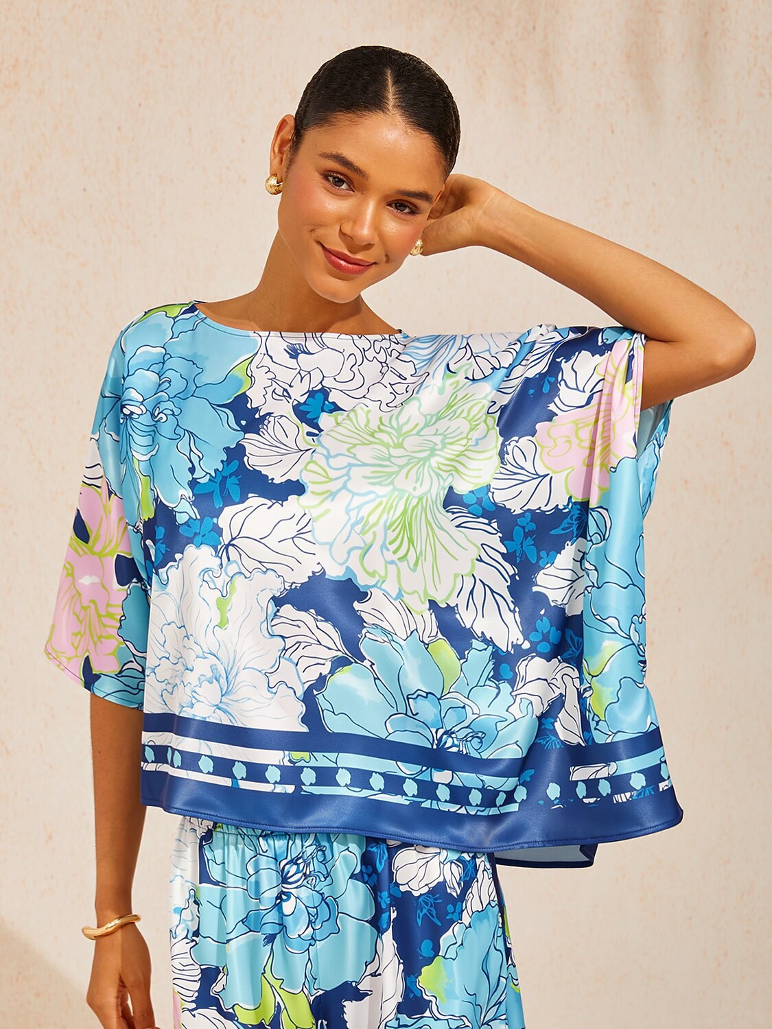 Pastel Wash Peony  Silky Satin batwing Top