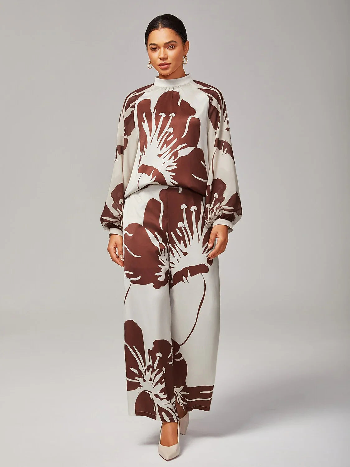 Abstract Floral Elastic Waist Wide-Leg Satin Pants