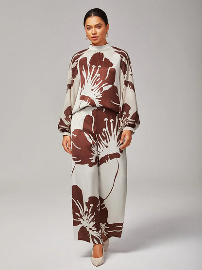 Abstract Floral Elastic Waist Wide-Leg Satin Pants