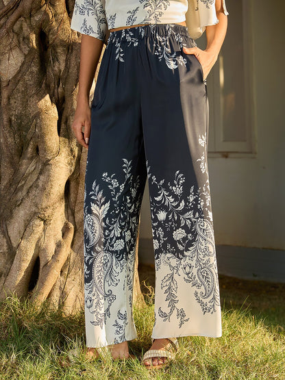 Artistic Graphic Silky Satin Wide Leg Pants