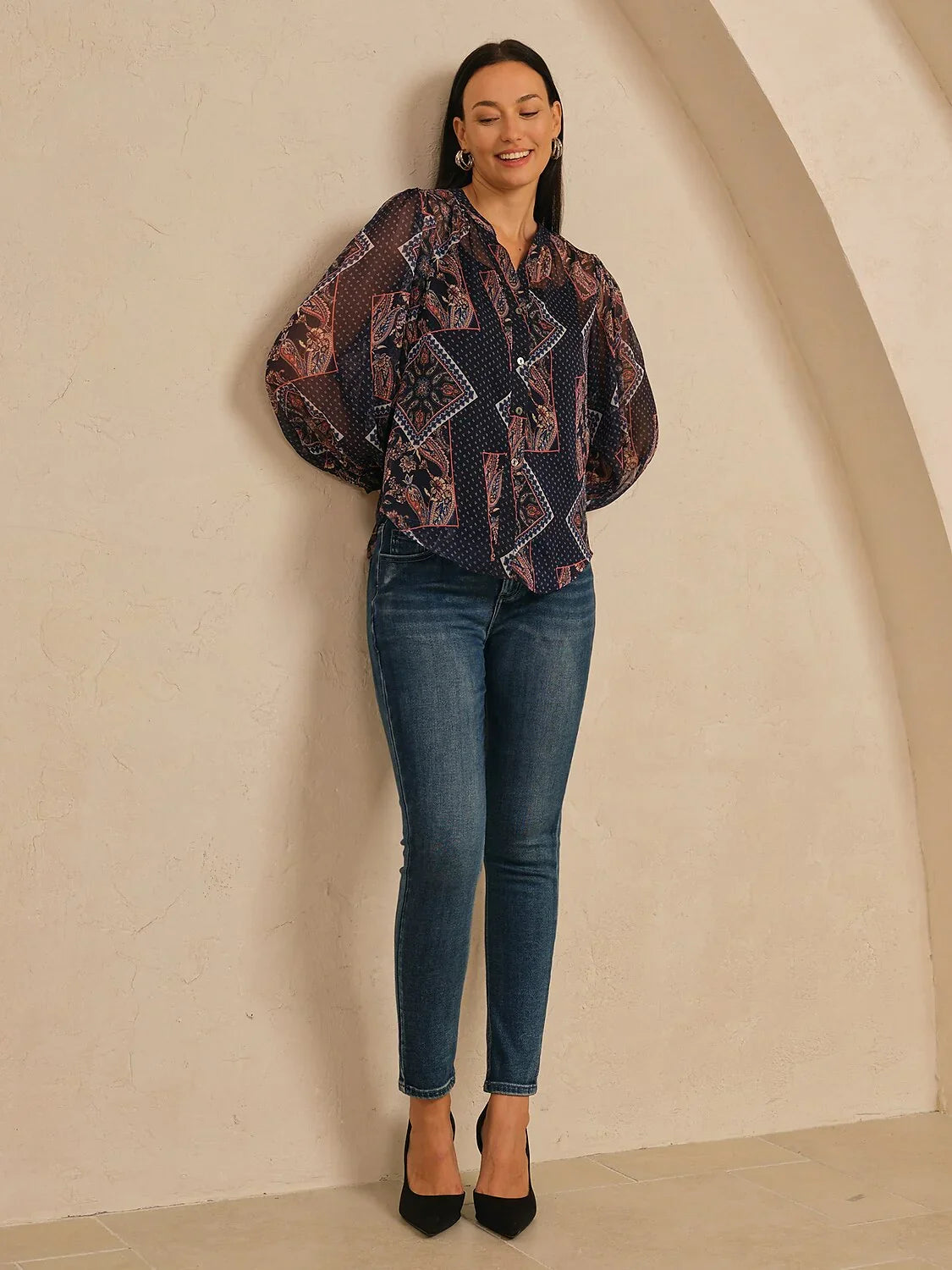 Geometric Combination Paisley Print Sheer Chiffon Blouse