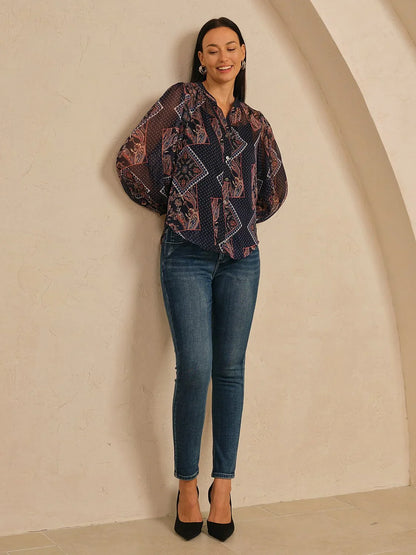 Geometric Combination Paisley Print Sheer Chiffon Blouse