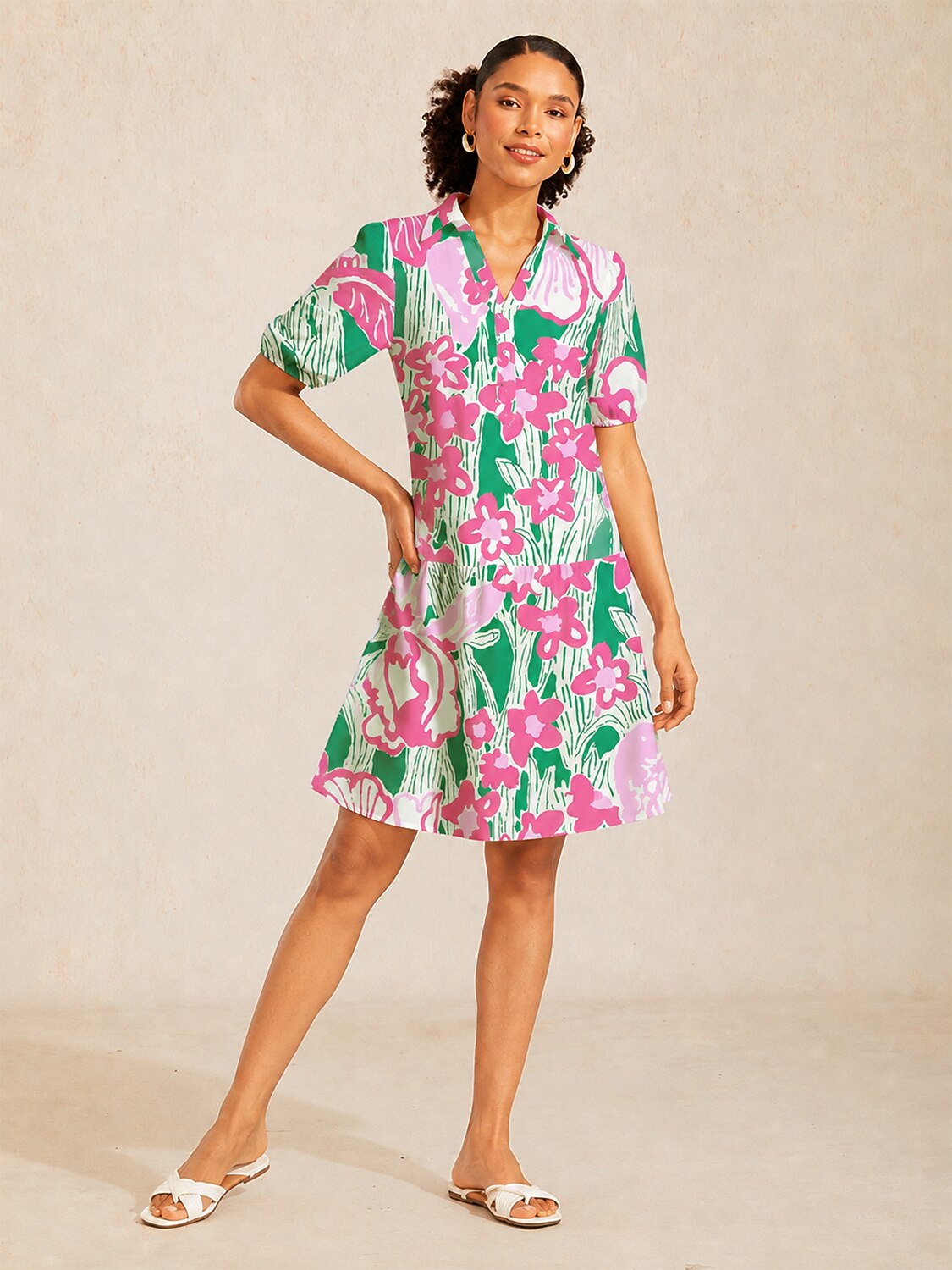 Pink Jungle Flora Linen Look Midi Dress
