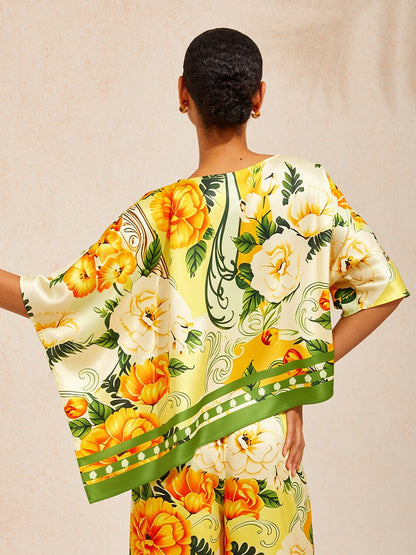 Golden Bloom Silky Satin Batwing Top