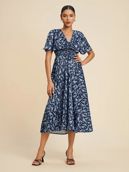 Satin Floral Print Smocked Waist Midi Dress