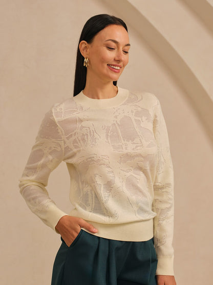 Organza Wool Knit Floral Crew Neck Sweater Casual Vacation