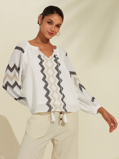Geometric  Linen-Like Puff Sleeve V Neck Top
