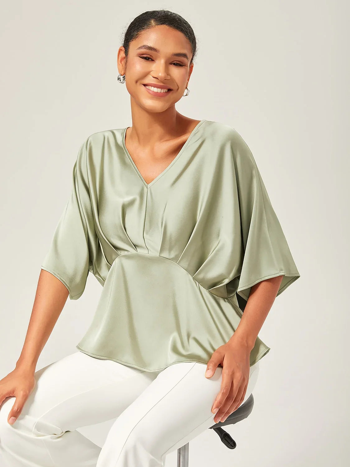 Satin Dolman Sleeve Inverted Pleat V-Neck Top