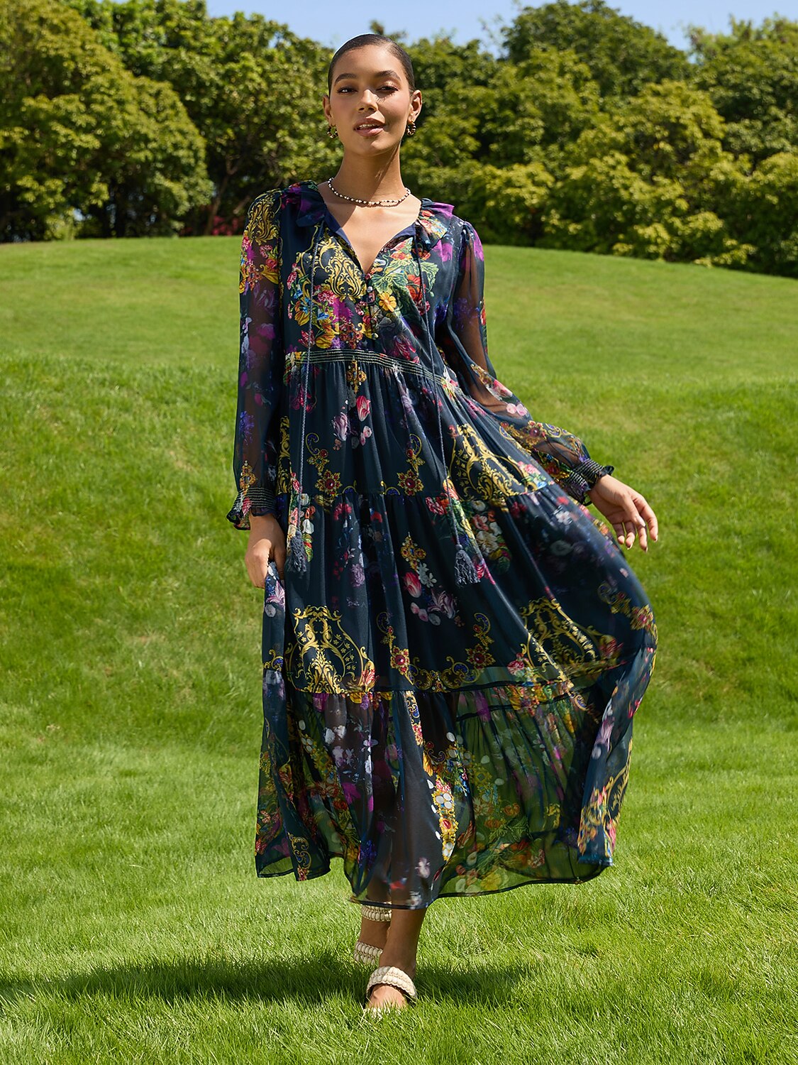 Midnight Jewel Bloom Flowy Chiffon Maxi Dress