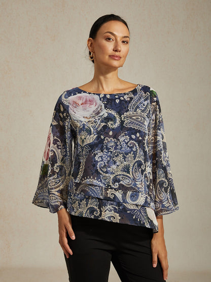 Green Paisley Botanical Print Layered Chiffon Blouse
