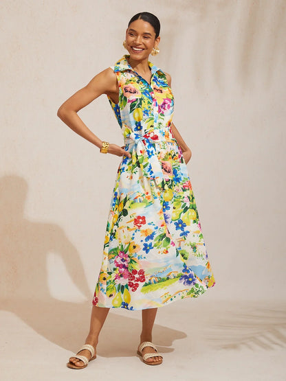 St Barth Blooms Airy Linen Look Blue Shirt Dress