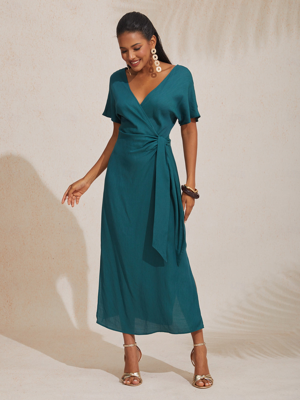 Robe mi-longue portefeuille froncée en Tencel et lin