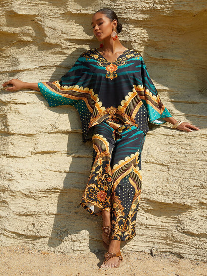 Indigo Tigress Silky Satin  Vacation Batwing Top