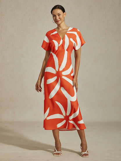 Abstract Floral Print Satin Maxi Dress