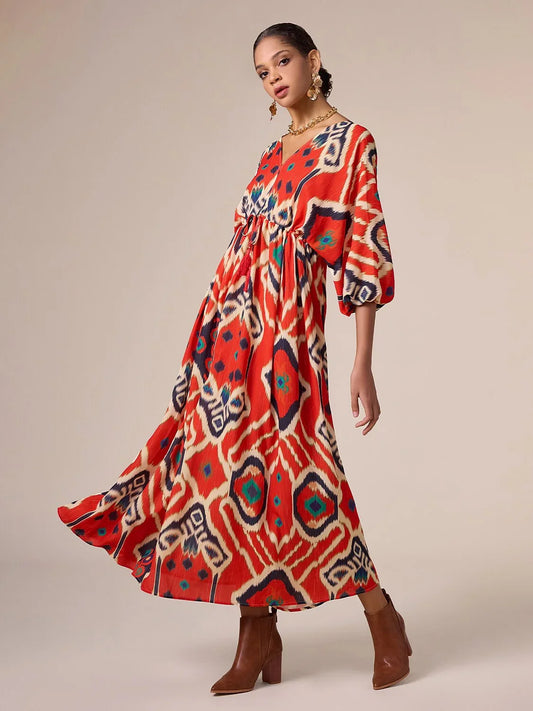 Loose Folk Drawstring Printing Vacation Maxi Dress