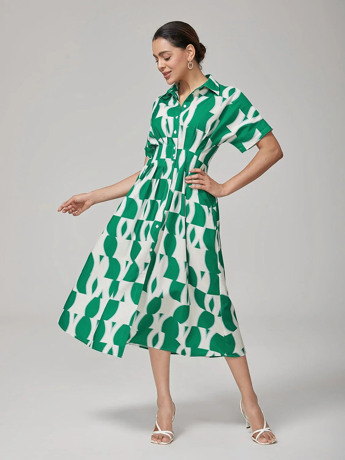 Vintage Green Geometric Pleated Shirt Dress